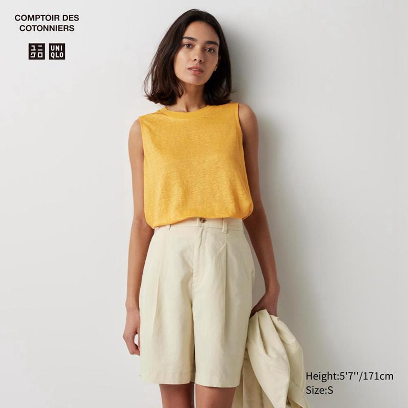 Uniqlo Linen Sleeveless Women T-Shirts Orange  US |  KVYL-67289