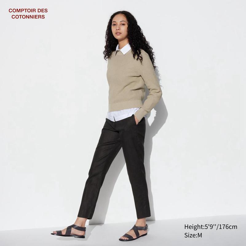 Uniqlo Linen Tapered Ankle Women Trousers Black  US |  WZQO-42895