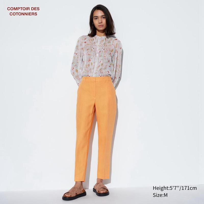 Uniqlo Linen Tapered Ankle Women Trousers Orange  US |  BKTE-10752