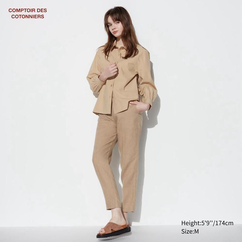 Uniqlo Linen Tapered Ankle Women Trousers Khaki  US |  NSGA-52170