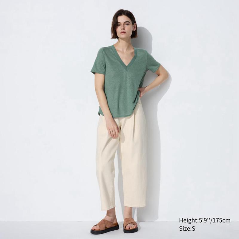 Uniqlo Linen V Neck Short Sleeved Women T-Shirts Black  US |  HAJX-26805