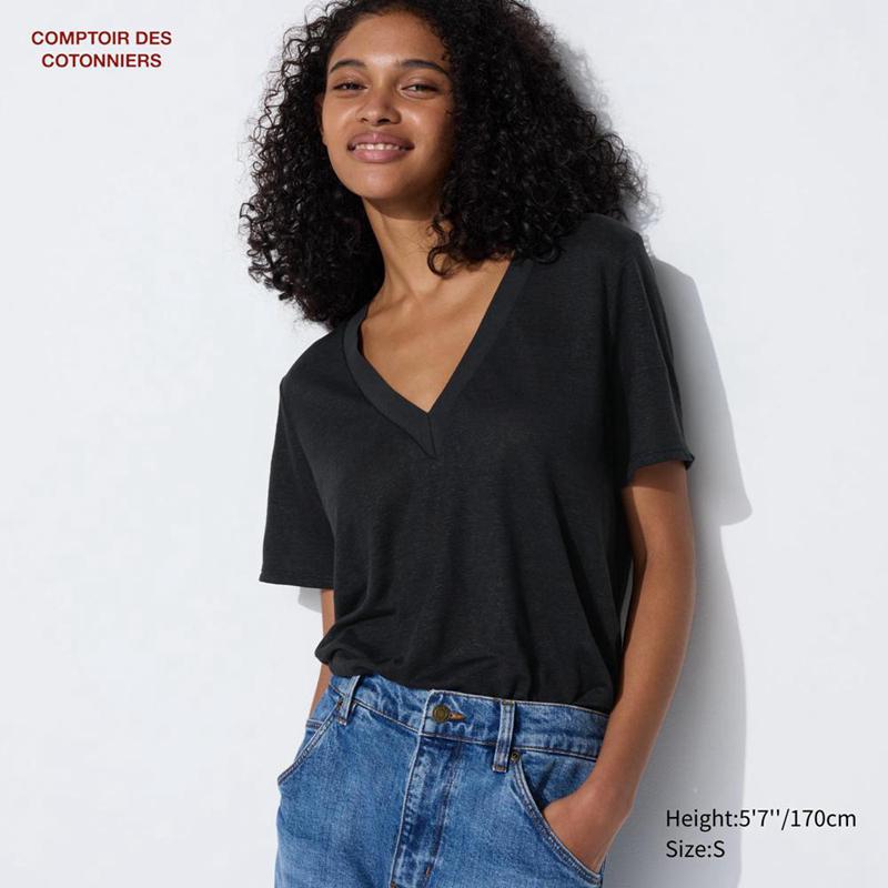 Uniqlo Linen V Neck Short Sleeved Women T-Shirts Black  US |  HAJX-26805