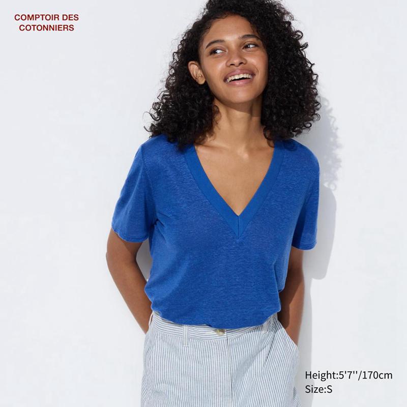 Uniqlo Linen V Neck Short Sleeved Women T-Shirts Blue  US |  AKPS-28140