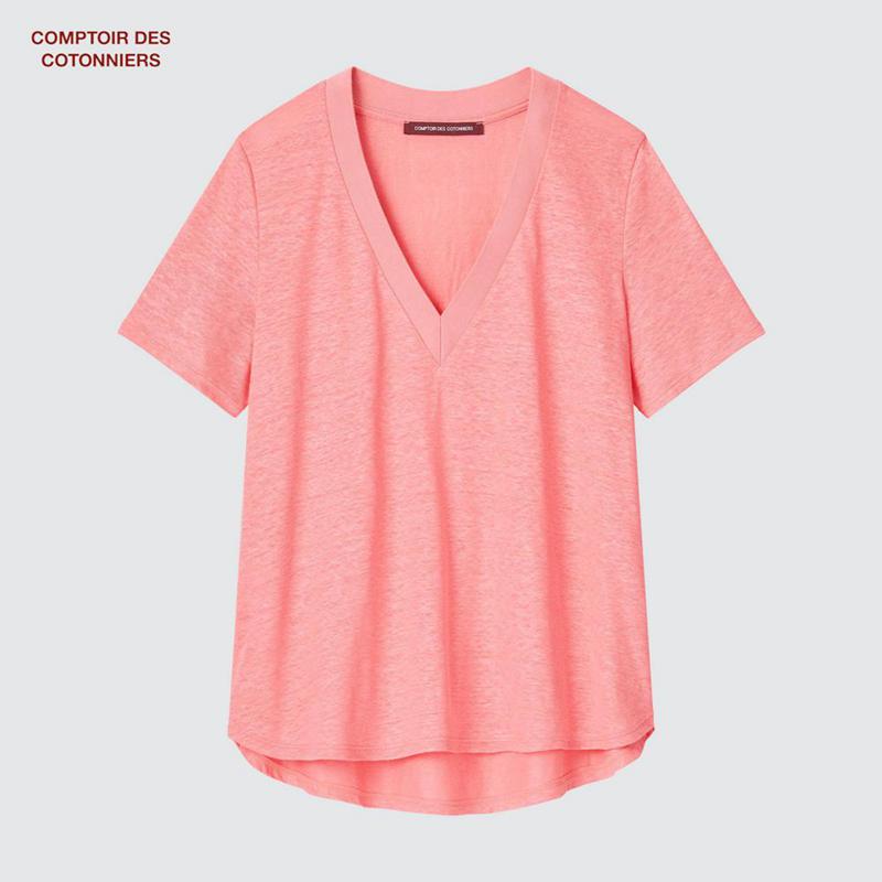 Uniqlo Linen V Neck Short Sleeved Women T-Shirts Pink  US |  AWTY-35618