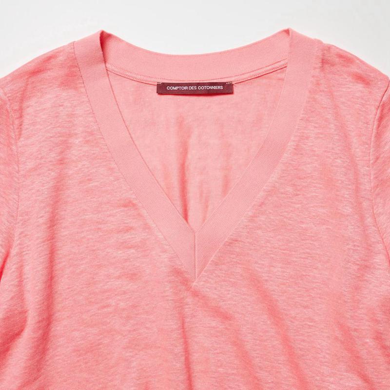 Uniqlo Linen V Neck Short Sleeved Women T-Shirts Pink  US |  AWTY-35618