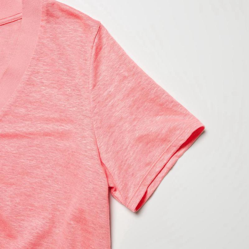 Uniqlo Linen V Neck Short Sleeved Women T-Shirts Pink  US |  AWTY-35618