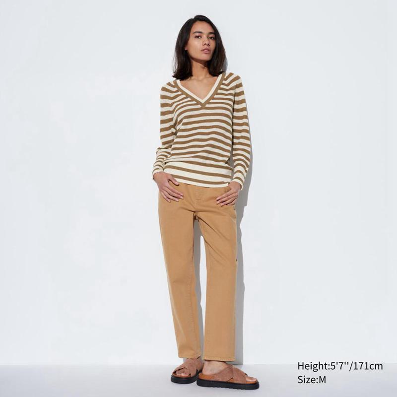 Uniqlo Linen V Neck Women Jumper Beige  US |  XDFE-81425