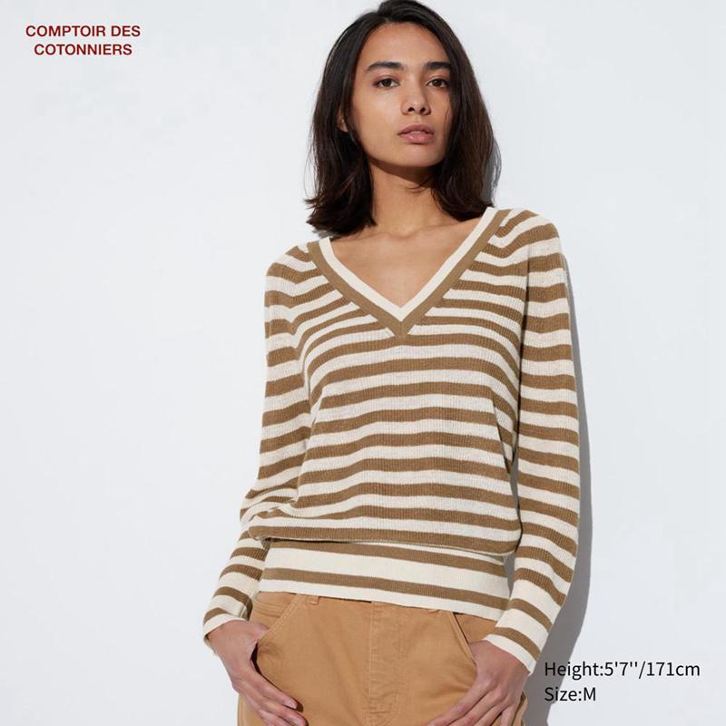 Uniqlo Linen V Neck Women Jumper Beige  US |  XDFE-81425