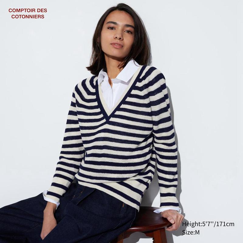 Uniqlo Linen V Neck Women Jumper Navy  US |  RGEB-75041