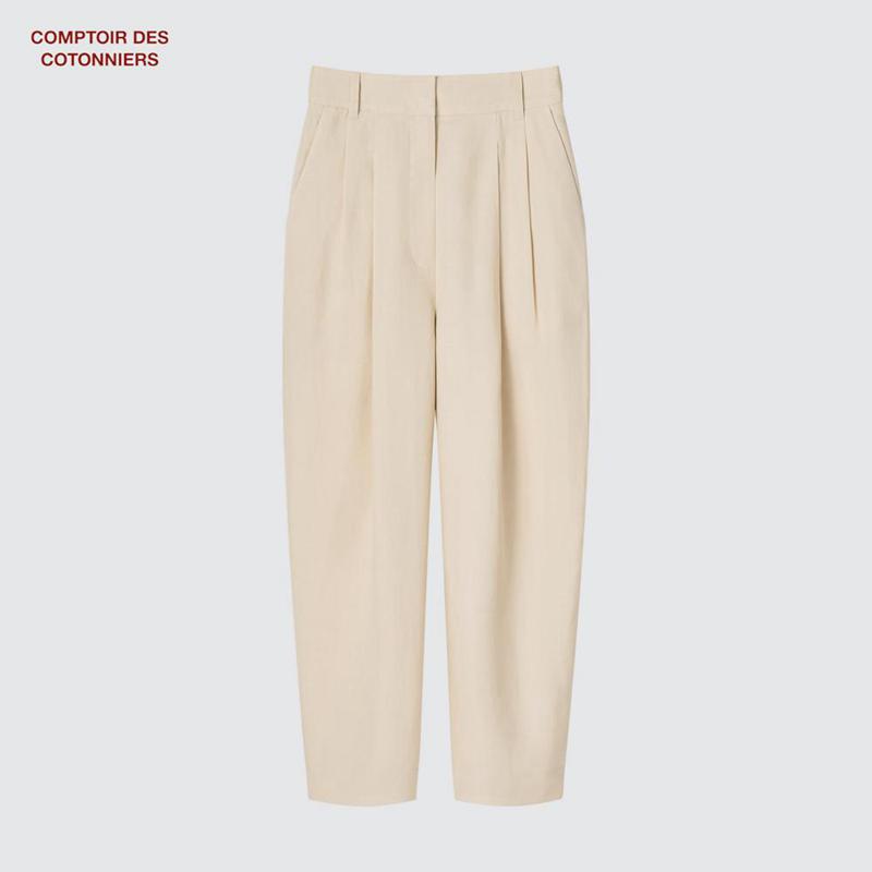 Uniqlo Lyocell Linen Blend Pleated Tapered Women Trousers Beige  US |  PUFQ-92735