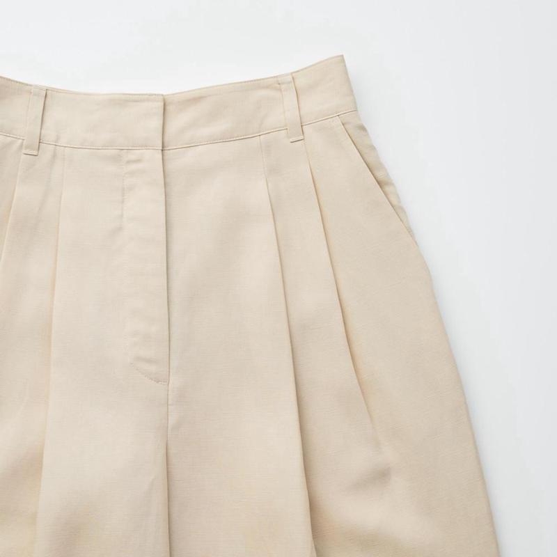 Uniqlo Lyocell Linen Blend Pleated Tapered Women Trousers Beige  US |  PUFQ-92735