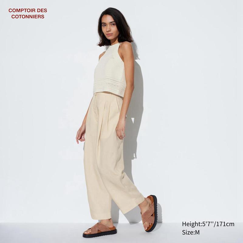 Uniqlo Lyocell Linen Blend Pleated Tapered Women Trousers Beige  US |  PUFQ-92735