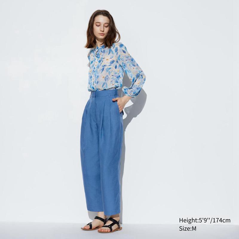 Uniqlo Lyocell Linen Blend Pleated Tapered Women Trousers Blue  US |  CVHP-61297