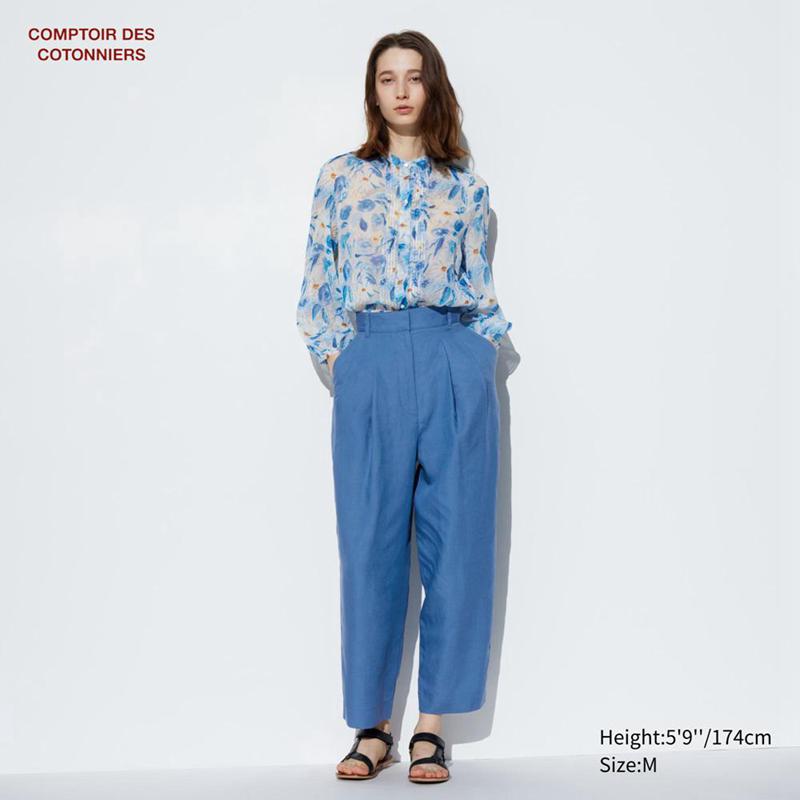 Uniqlo Lyocell Linen Blend Pleated Tapered Women Trousers Blue  US |  CVHP-61297