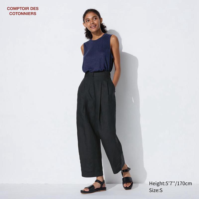 Uniqlo Lyocell Linen Blend Pleated Tapered Women Trousers Black  US |  NHFR-71985