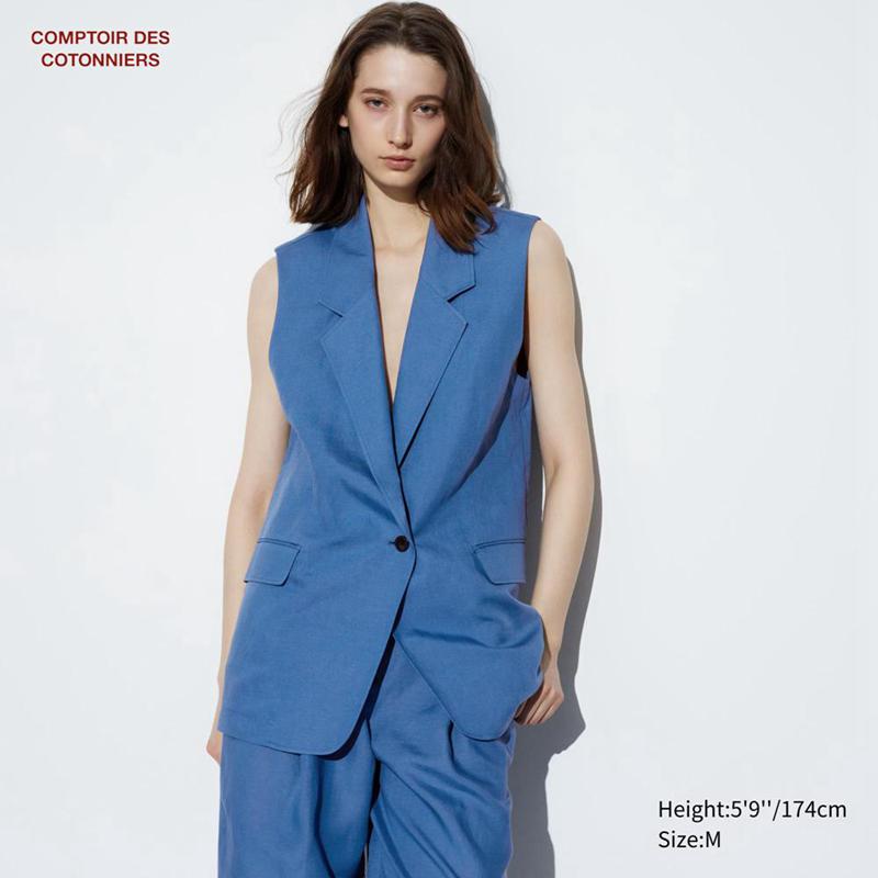 Uniqlo Lyocell Linen Blend Sleeveless Women Jackets Blue  US |  PXLD-71206