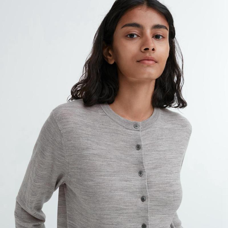 Uniqlo Merino Crew Neck Women Cardigans Grey  US |  HGMQ-24809