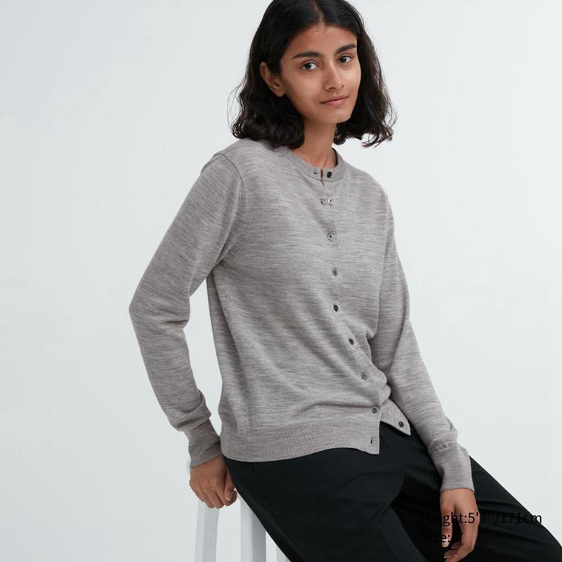 Uniqlo Merino Crew Neck Women Cardigans Grey  US |  HGMQ-24809