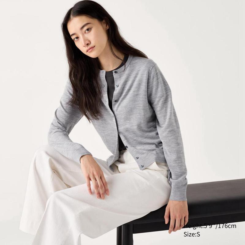 Uniqlo Merino Crew Neck Women Cardigans Grey  US |  LPJM-40615