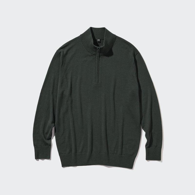 Uniqlo Merino Half-Zip Men Jumper Olive  US |  NVUX-97614