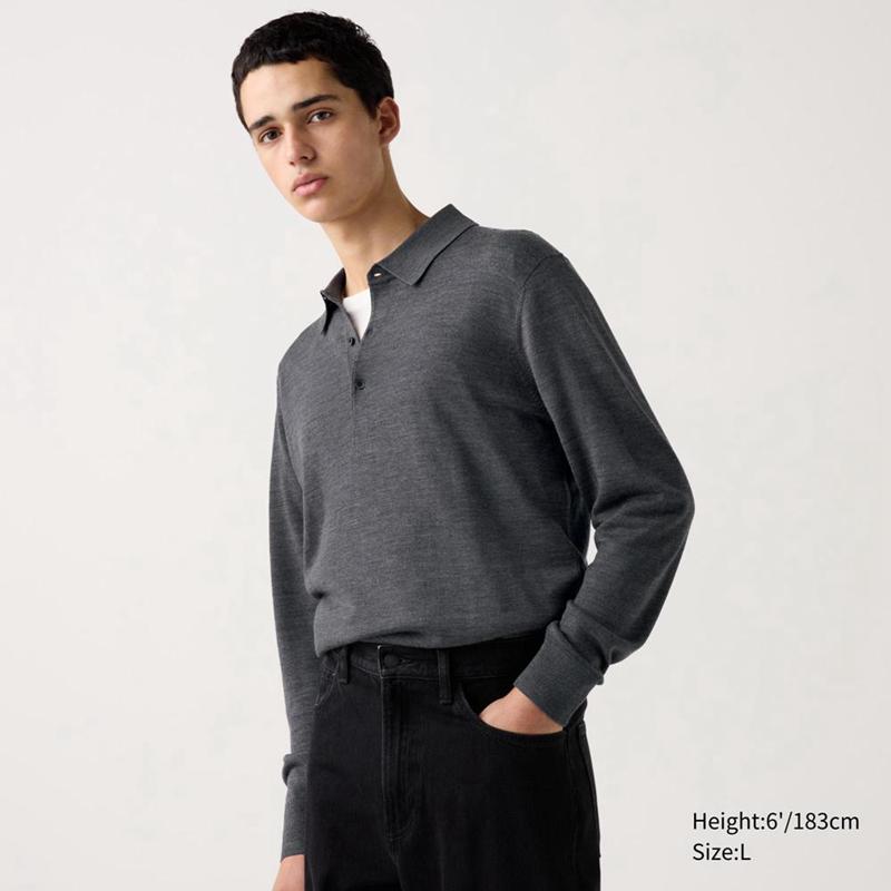 Uniqlo Merino Knit Men Polo Shirt Grey  US |  TJQF-95132