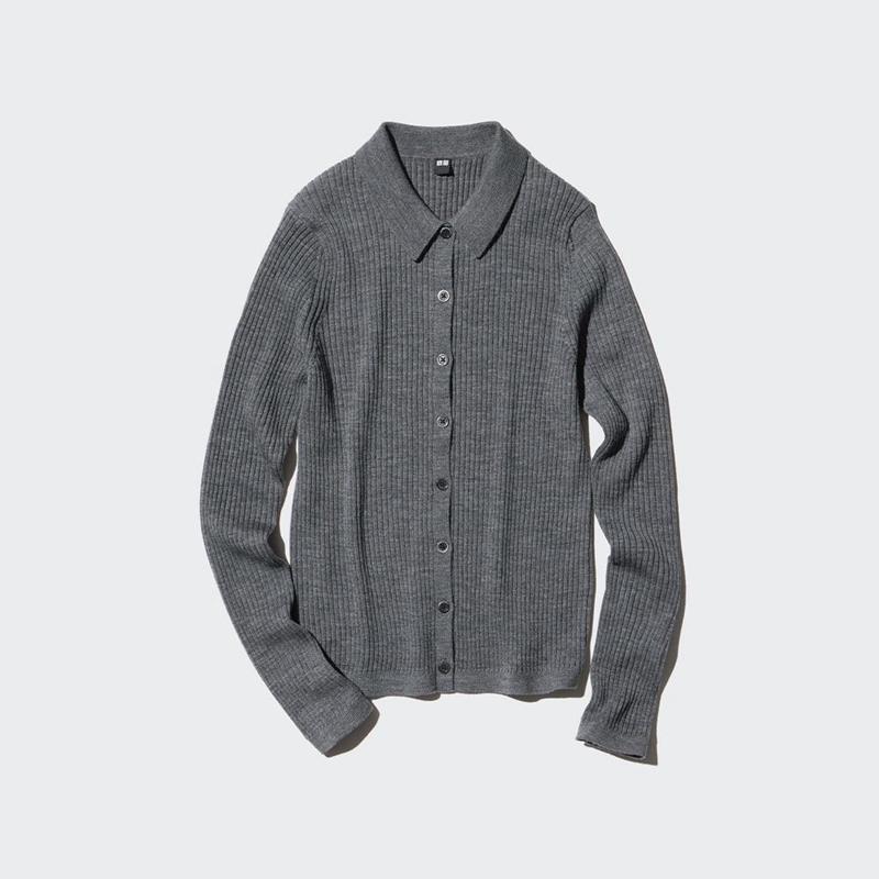 Uniqlo Merino Ribbed Polo Women Cardigans Grey  US |  VRBF-49320