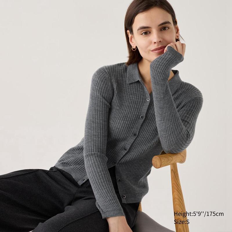 Uniqlo Merino Ribbed Polo Women Cardigans Grey  US |  VRBF-49320