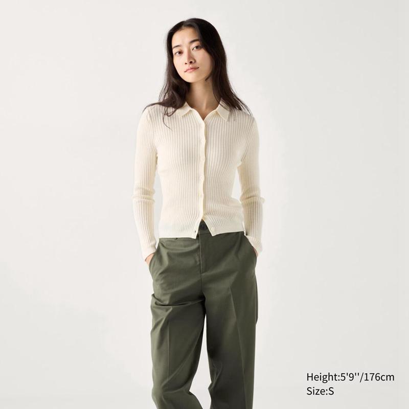 Uniqlo Merino Ribbed Polo Women Cardigans Off White  US |  KTPC-08962