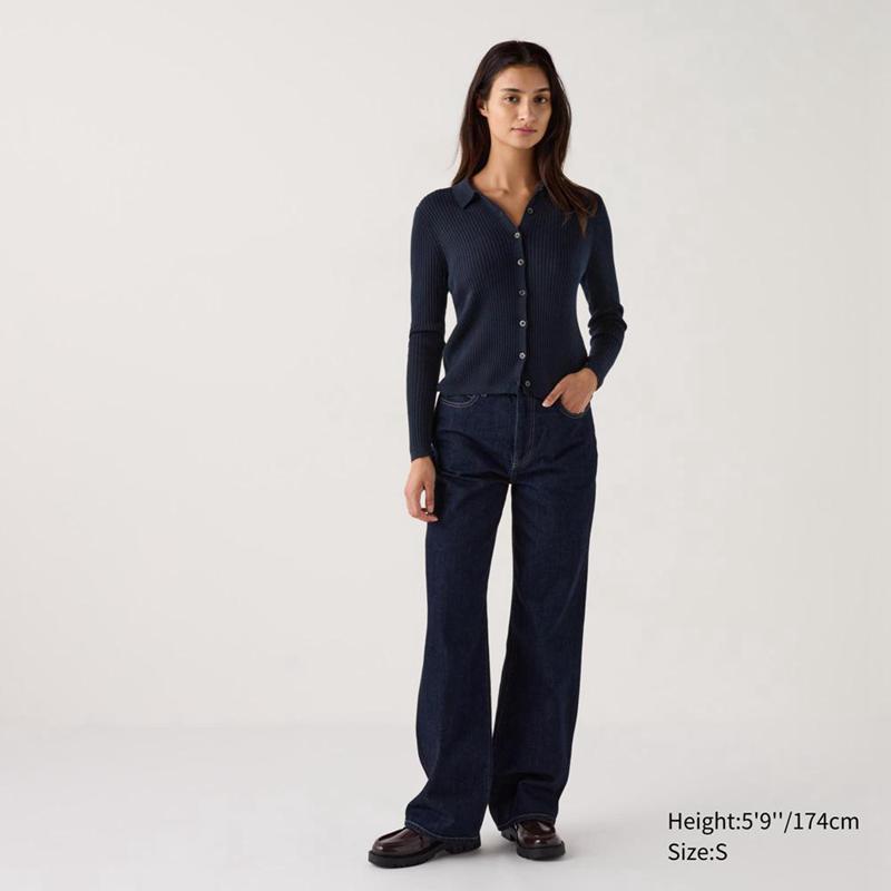 Uniqlo Merino Ribbed Polo Women Cardigans Navy  US |  NTVH-72841