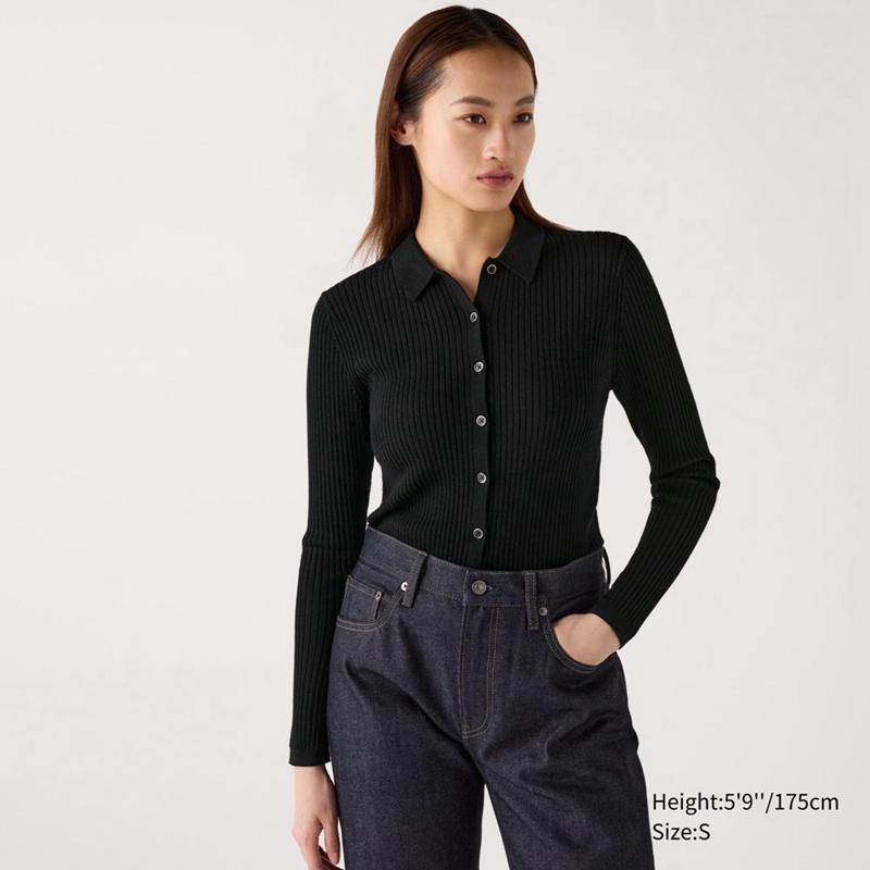 Uniqlo Merino Ribbed Polo Women Cardigans Black  US |  GHVS-82459