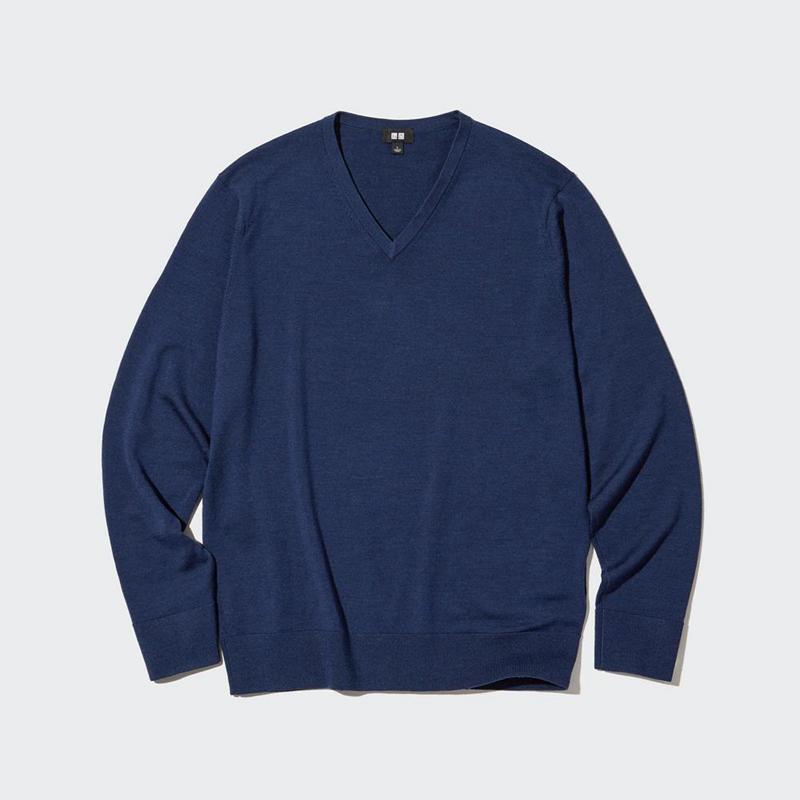 Uniqlo Merino V Neck Men Jumper Blue  US |  AKFS-06932