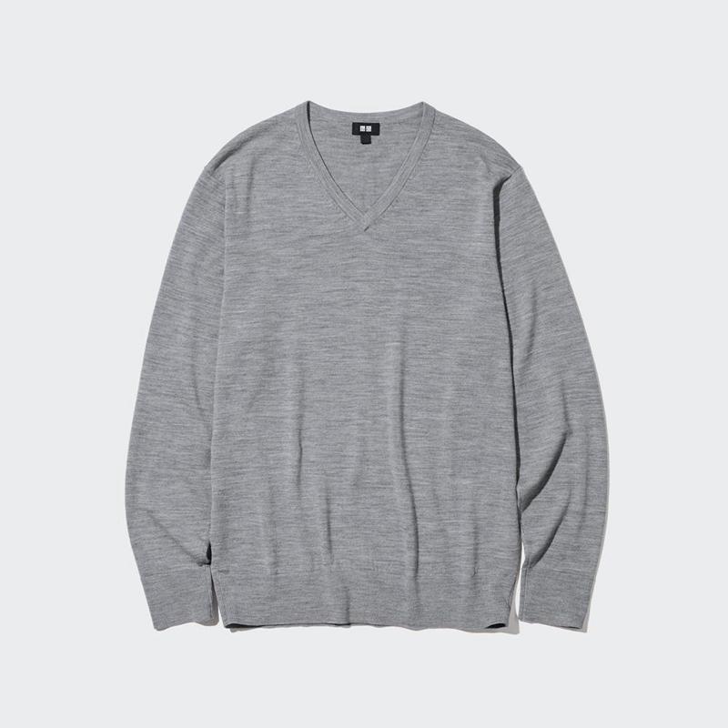 Uniqlo Merino V Neck Men Jumper Grey  US |  CHAG-79684