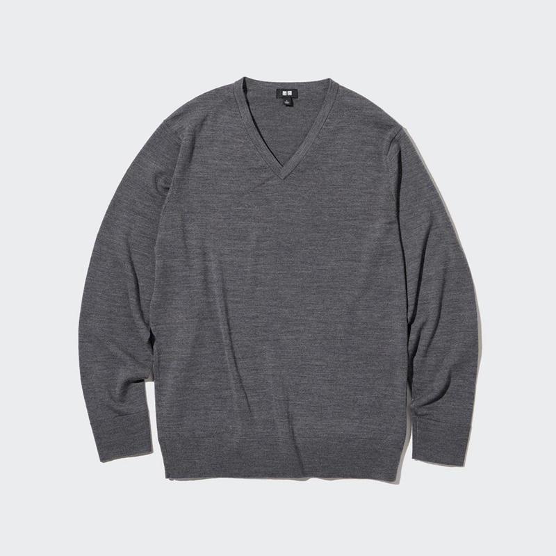 Uniqlo Merino V Neck Men Jumper Grey  US |  KVYH-19243