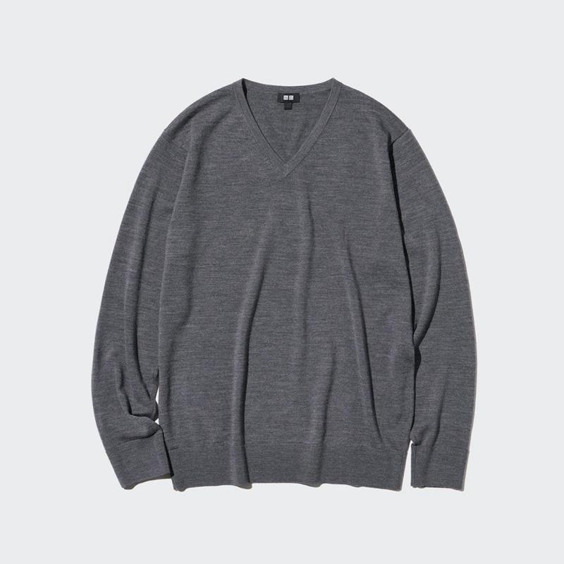 Uniqlo Merino V Neck Men Jumper Grey  US |  VZPH-72894