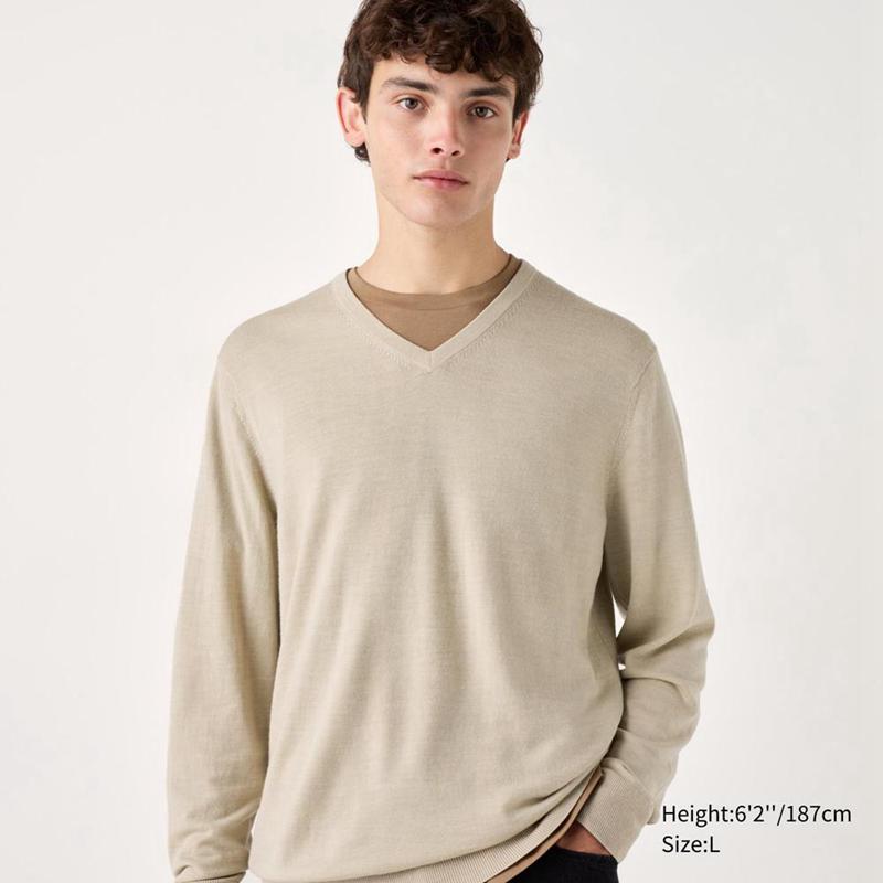 Uniqlo Merino V Neck Men Jumper Khaki  US |  GJBR-92754