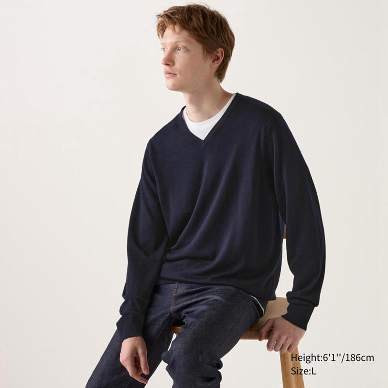 Uniqlo Merino V Neck Men Jumper Navy  US |  HSLJ-54239