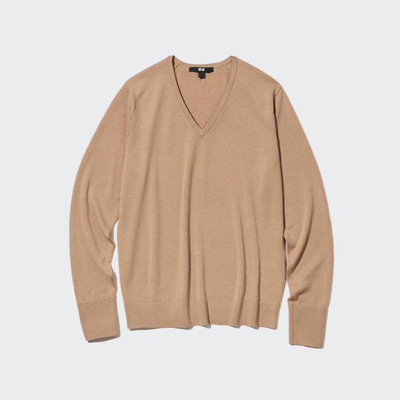 Uniqlo Merino V Neck Women Jumper Beige  US |  KMOQ-03758