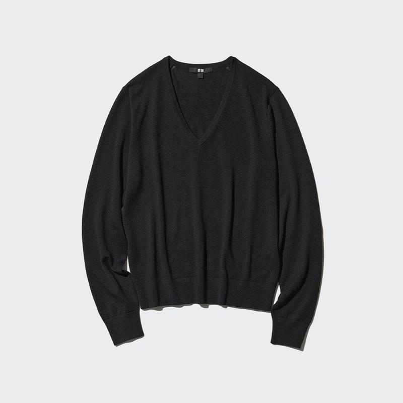 Uniqlo Merino V Neck Women Jumper Black  US |  FNCE-24309