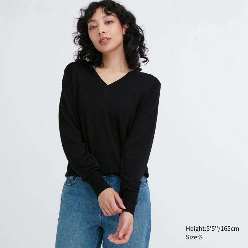 Uniqlo Merino V Neck Women Jumper Black  US |  PNZF-94035