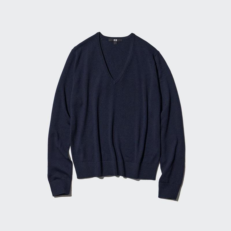 Uniqlo Merino V Neck Women Jumper Navy  US |  ARIW-10782