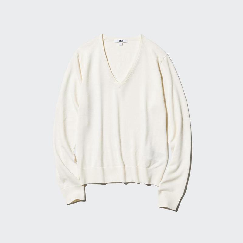 Uniqlo Merino V Neck Women Jumper Off White  US |  JVOX-47890