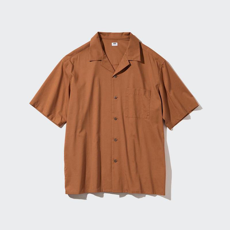 Uniqlo Modal Cotton Blend (Open Collar) Men Short Sleeve Shirts Olive  US |  FTXG-85614