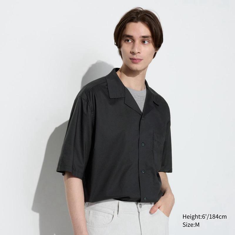 Uniqlo Modal Cotton Blend (Open Collar) Men Short Sleeve Shirts Black  US |  IVFM-25309