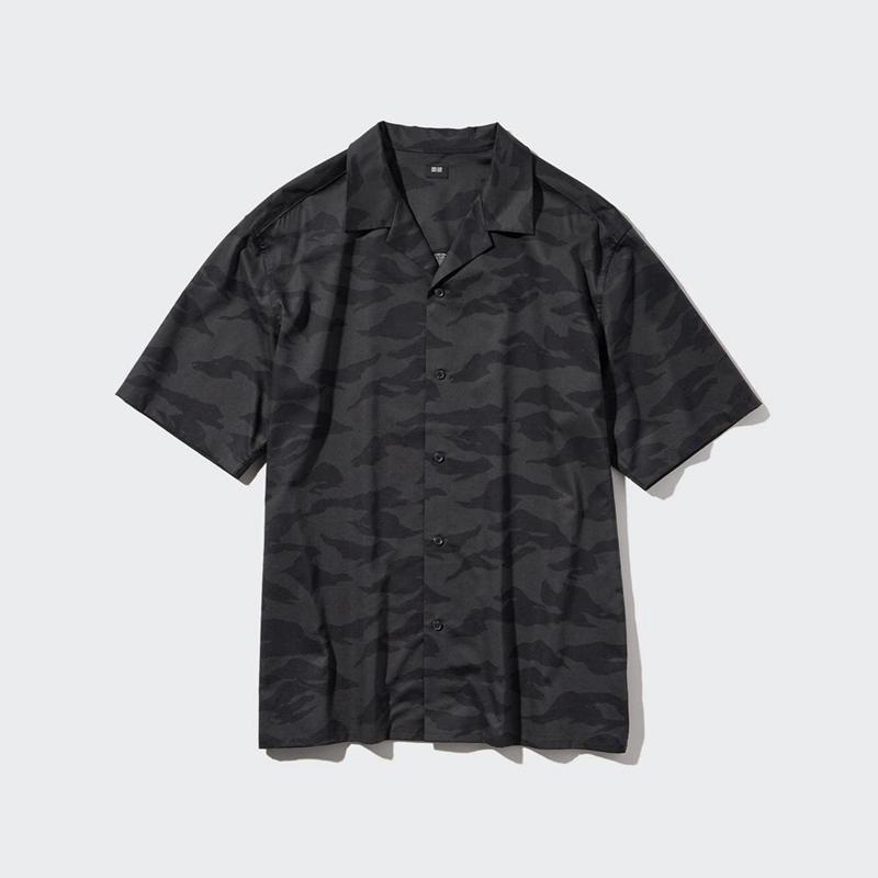 Uniqlo Modal Cotton Blend (Print, Open Collar) Men Short Sleeve Shirts Dark Grey  US |  TBPA-20735