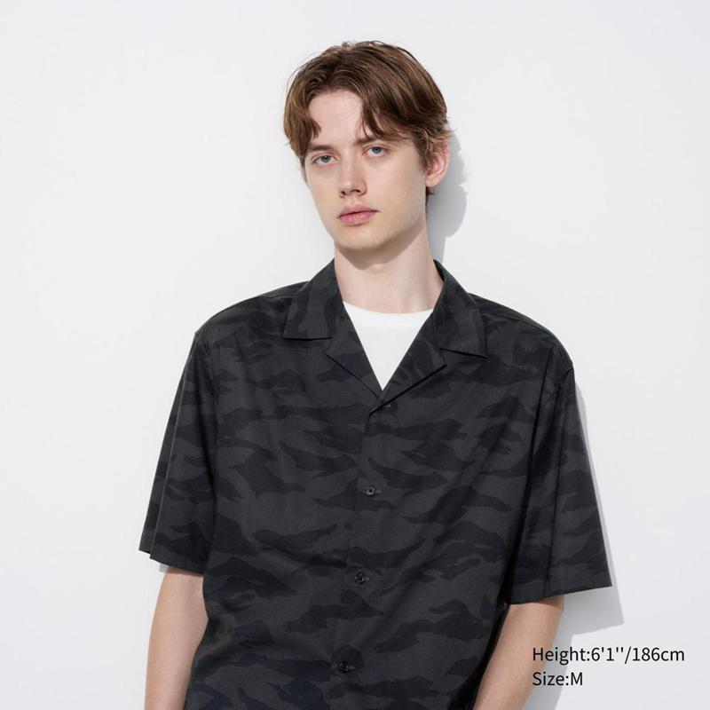 Uniqlo Modal Cotton Blend (Print, Open Collar) Men Short Sleeve Shirts Dark Grey  US |  TBPA-20735