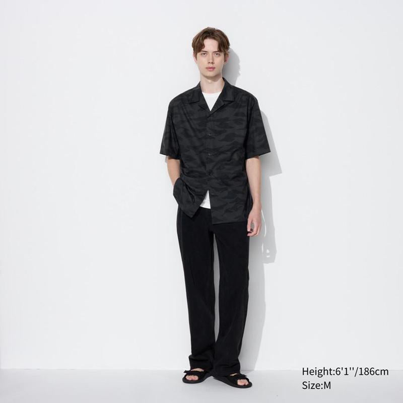 Uniqlo Modal Cotton Blend (Print, Open Collar) Men Short Sleeve Shirts Dark Grey  US |  YMKF-45237