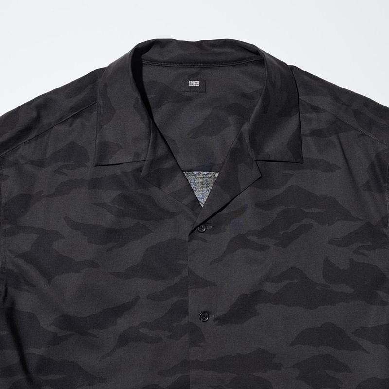 Uniqlo Modal Cotton Blend (Print, Open Collar) Men Short Sleeve Shirts Dark Grey  US |  YMKF-45237