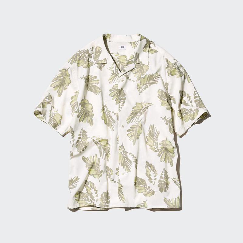 Uniqlo Modal Cotton Blend (Print, Open Collar) Men Short Sleeve Shirts Off White  US |  HCKE-24901