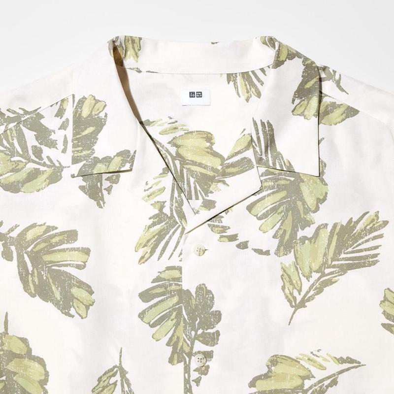 Uniqlo Modal Cotton Blend (Print, Open Collar) Men Short Sleeve Shirts Off White  US |  HCKE-24901