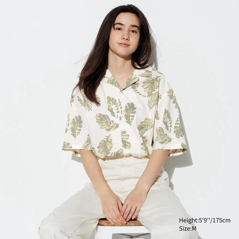 Uniqlo Modal Cotton Blend (Print, Open Collar) Men Short Sleeve Shirts Off White  US |  EFVM-20816